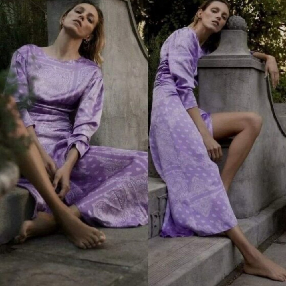 ZARA Purple Paisley Print Satin Midi Dress Blogger Favorite sz XS Party Wedding